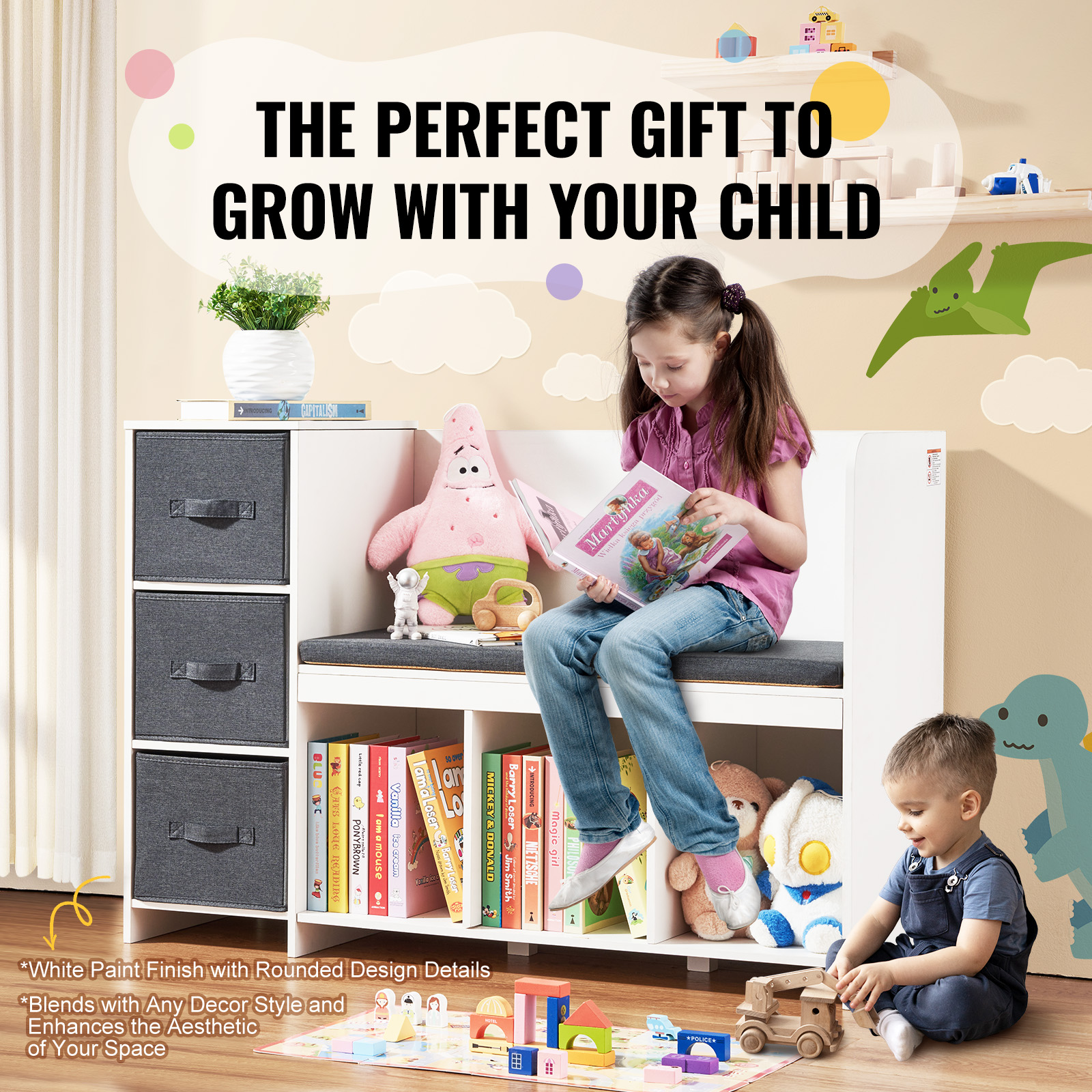 Uimoso Kids Toy Storage Bench Wooden Toy Box Cubby Bookshelf 32.68/38.98/43.11" - Picture 44 of 50