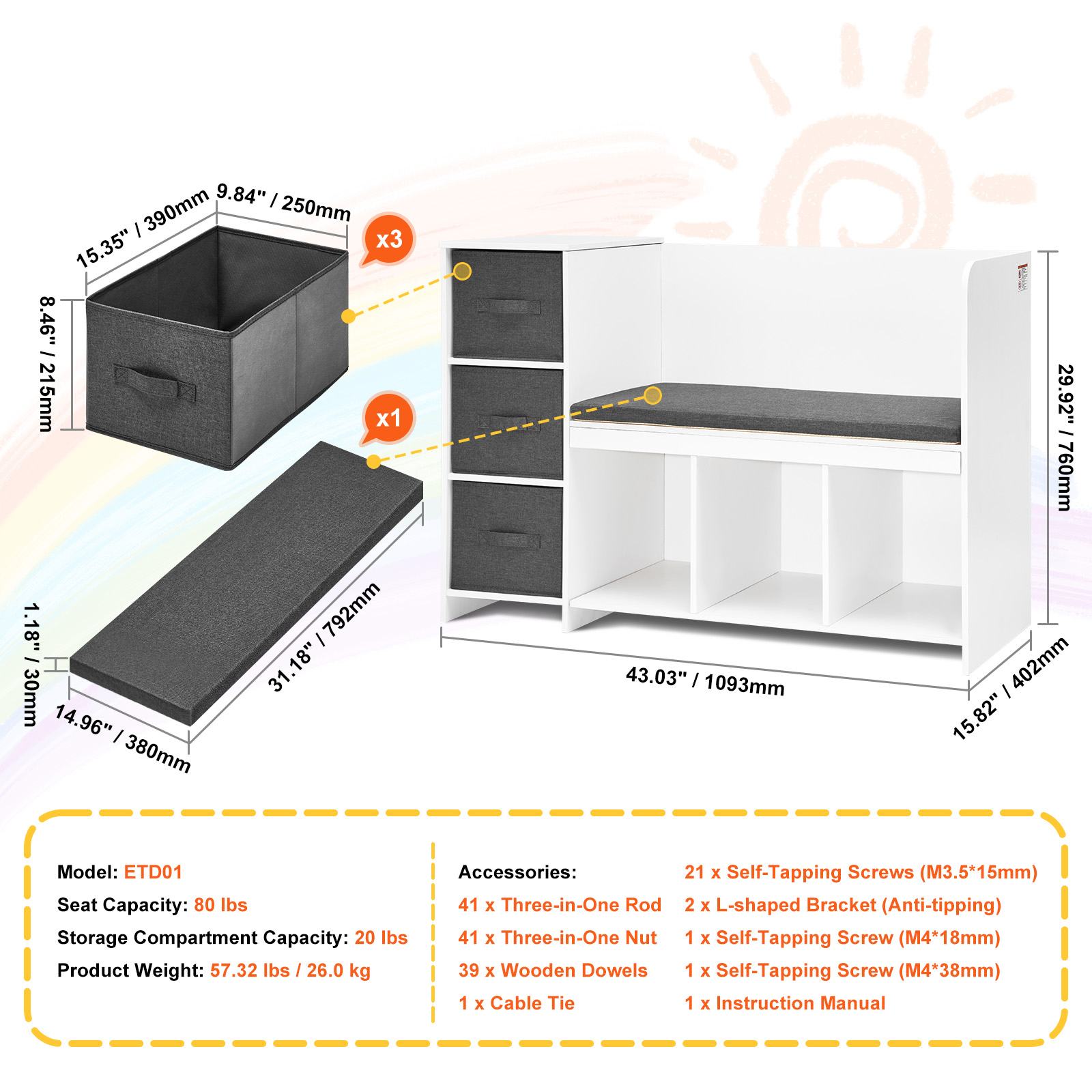 Uimoso Kids Toy Storage Bench Wooden Toy Box Cubby Bookshelf 32.68/38.98/43.11" - Picture 45 of 50