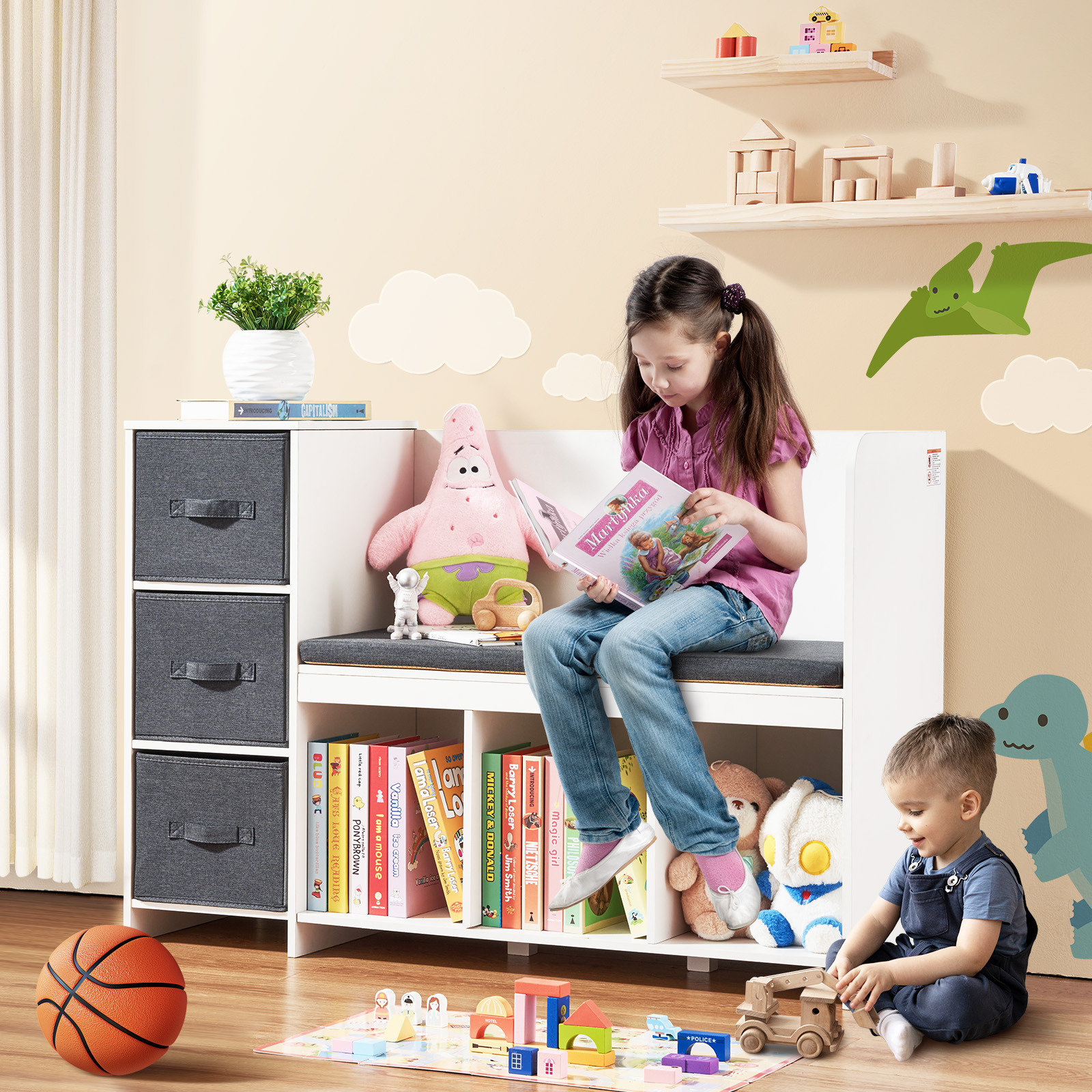 Uimoso Kids Toy Storage Bench Wooden Toy Box Cubby Bookshelf 32.68/38.98/43.11" - Picture 46 of 50