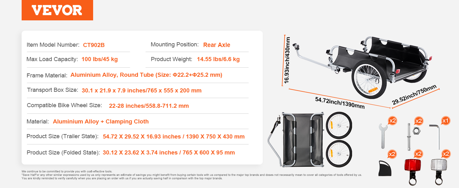 Nákladní přívěs na kolo VEVOR, nosnost 100 lb, těžký vozík na jízdní kola, skládací kompaktní úložný prostor a rychloupínací s univerzálním závěsem, 16