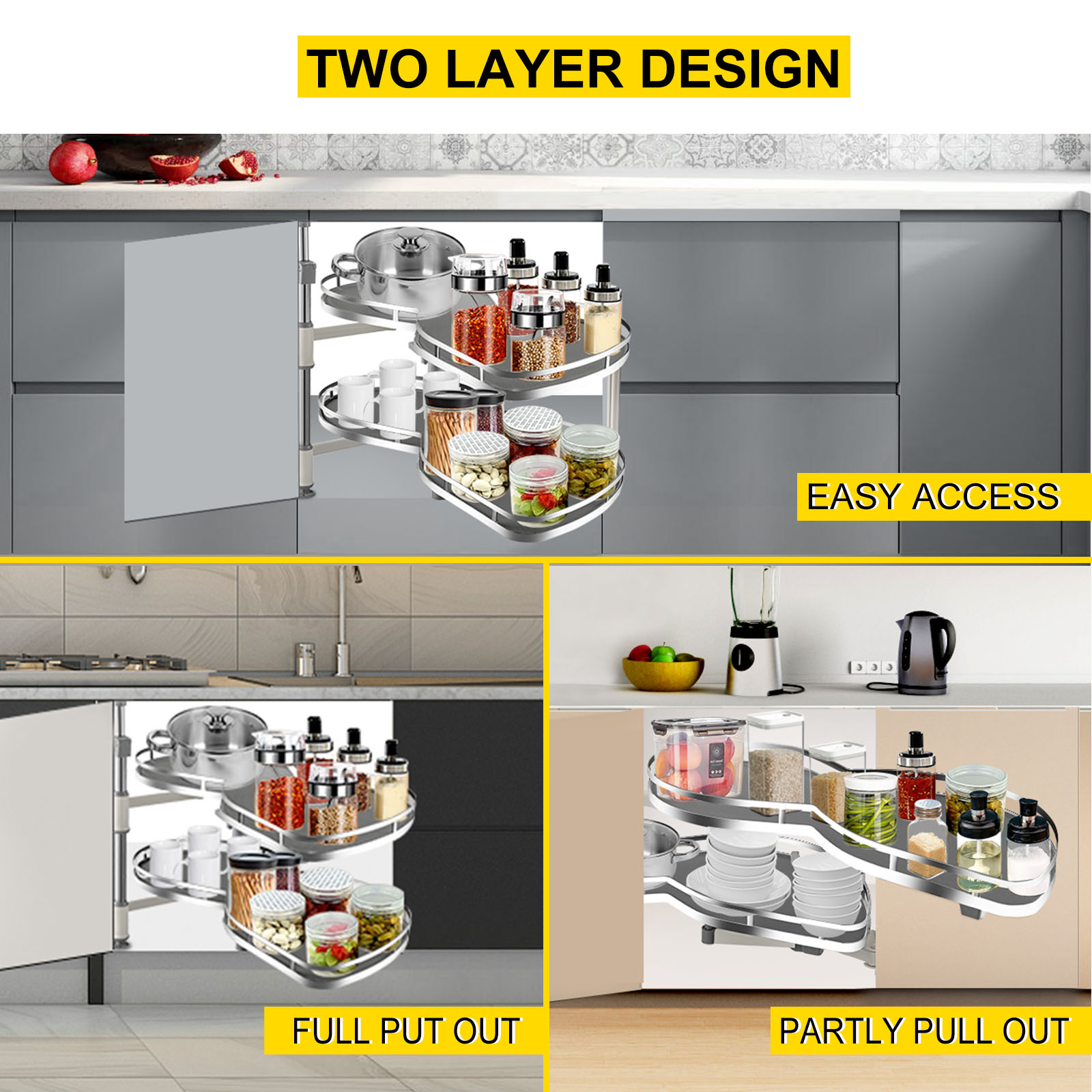 Organisateur d'armoire coulissant à gauche avec plateau pivotant à 2  niveaux, étagère de rangement d'armoire d'angle coulissante de cuisine 