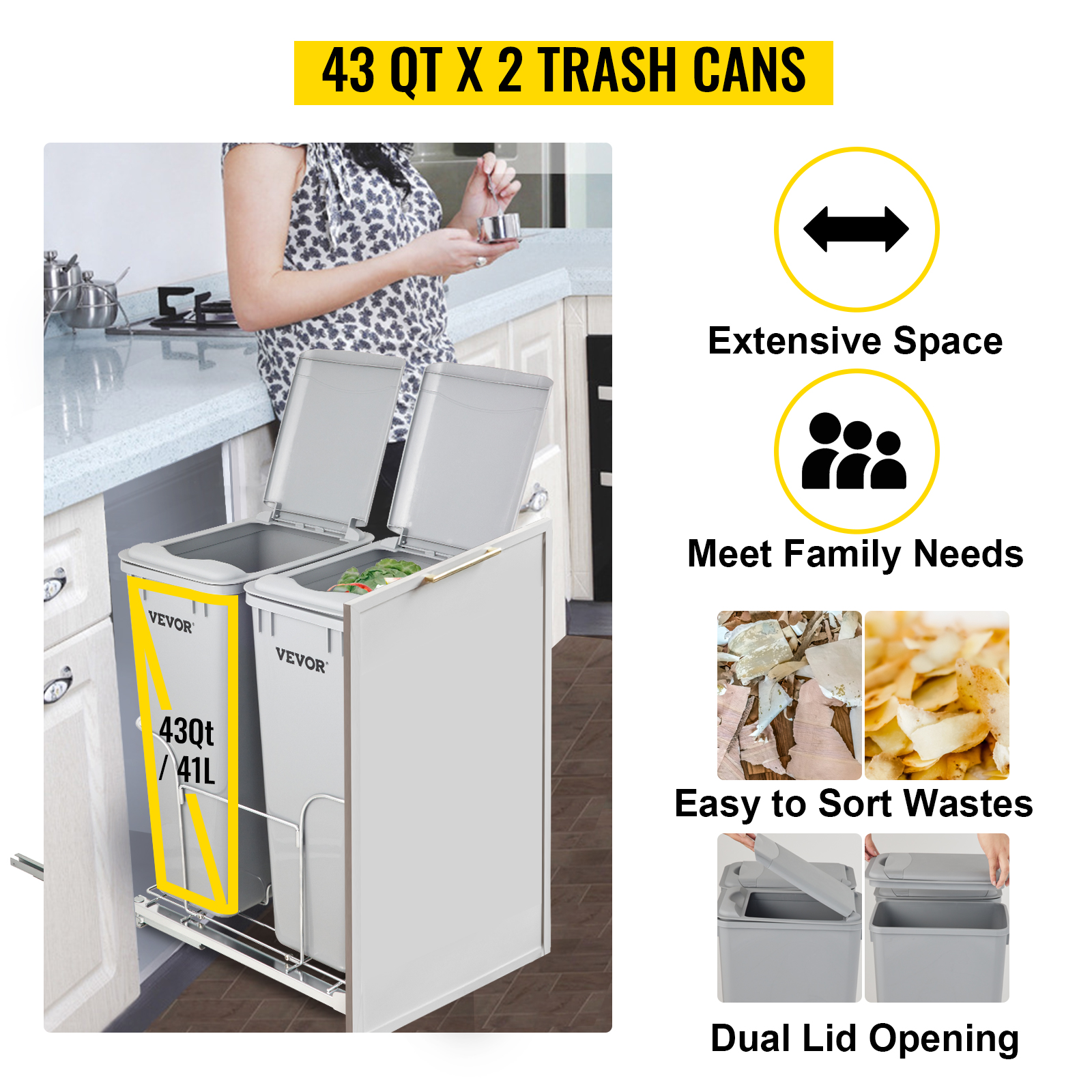 VEVOR Pull-Out Trash Can 35Lx2 Double Bins Under Mount Kitchen Waste Container with Slide and Door Mounting Kit 110 lbs Load Capacity Heavy Duty