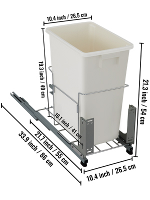 VEVOR Pull-Out Trash Can, 37Qt Single Bin, Under Mount Kitchen Waste Container with Soft-Close Slides, 33 lbs Load Capacity & Door-Mounted Brackets, Garbage Recycling Bin for Kitchen Cabinet, White
