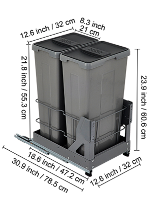VEVOR 7 gal. Pull-Out Trash Can 66 lbs. Load Capacity 2 Bins Under Mount Garbage Recycling Bin with Soft-Close Slides, Grey, Gray
