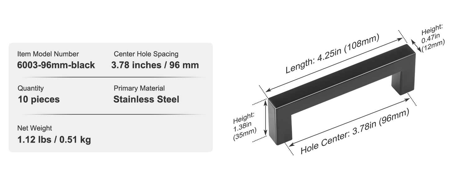 10 Pack,3.86in/96mm,Square Cabinet Handles