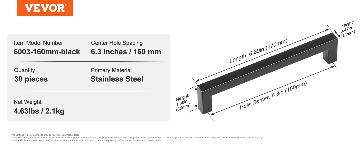 VEVOR VEVOR Maniglia per Mobili da Cucina 30 Pezzi Maniglie per Cassetti in  Acciaio Inossidabile Distanza Fori Centrali 160 mm, Maniglie Quadrate  Moderne per Cassetti da Cucina Bagno Camera da Letto Nero