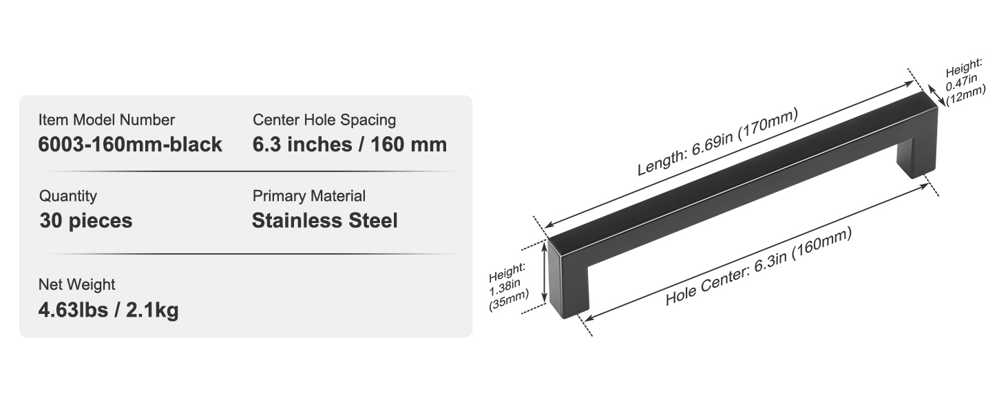 30 Pack,6.3 in/160mm,Square Cabinet Handles
