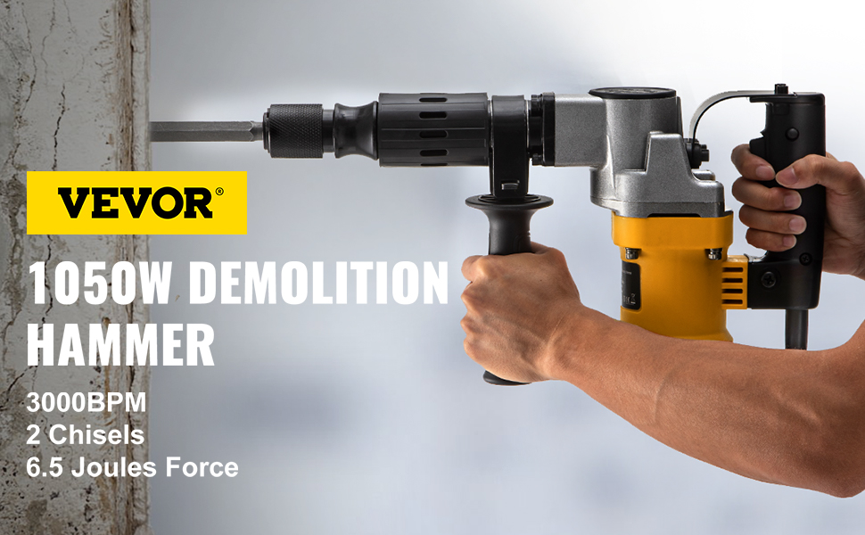 VEVOR Demolition Jack Hammer Concrete Breaker 1600W Electric Hammer 2 Chisel Bit, Size: 20 x 5.1 x 14 inch/ 510 x 130 x 355 mm