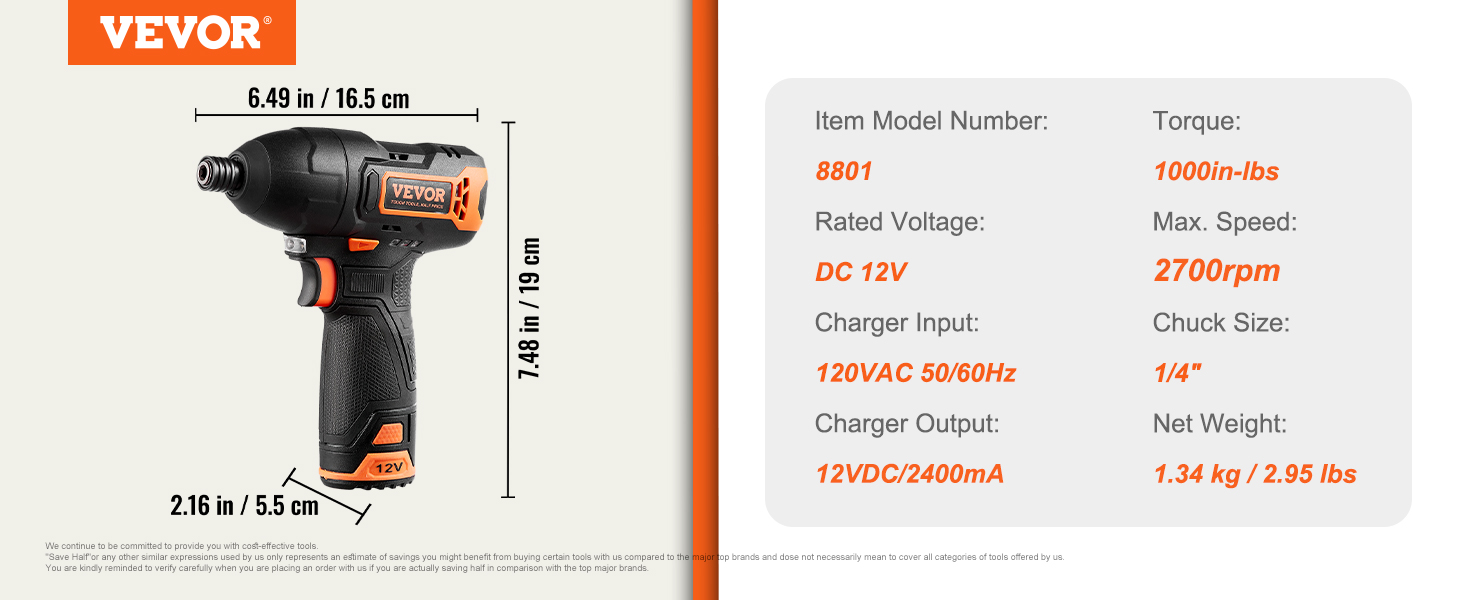 VEVOR Cordless Impact Driver, 12V 7Nm 1000in-lbs High Torque, Electric Impact Driver Set with LED Light, Battery, Charger, Magnetic Connector, Bits, and Tool Bag, for Screw Fastening and Loosening