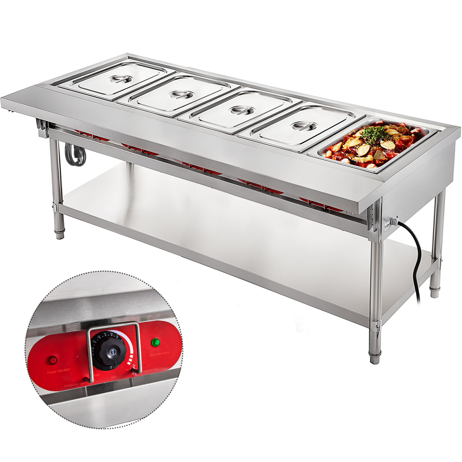 Stainless Steel Food Warmer Commercial Electric Bain Marie With 4 Pan & Lids 1/2 