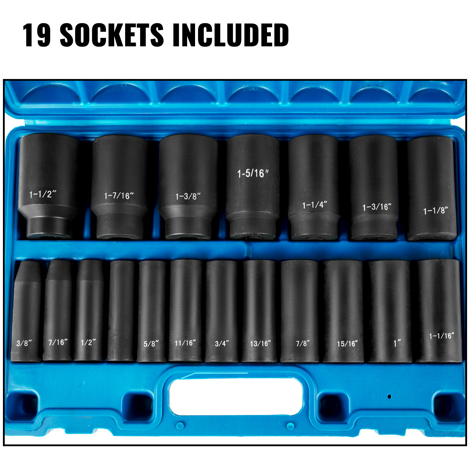 thumbnail interactive-video image 1 of 19 Piece 1/2 Inch Drive Impact Socket Set SAE 3/8 To 1-1/2 – 6 Point Extensions 1 of 6