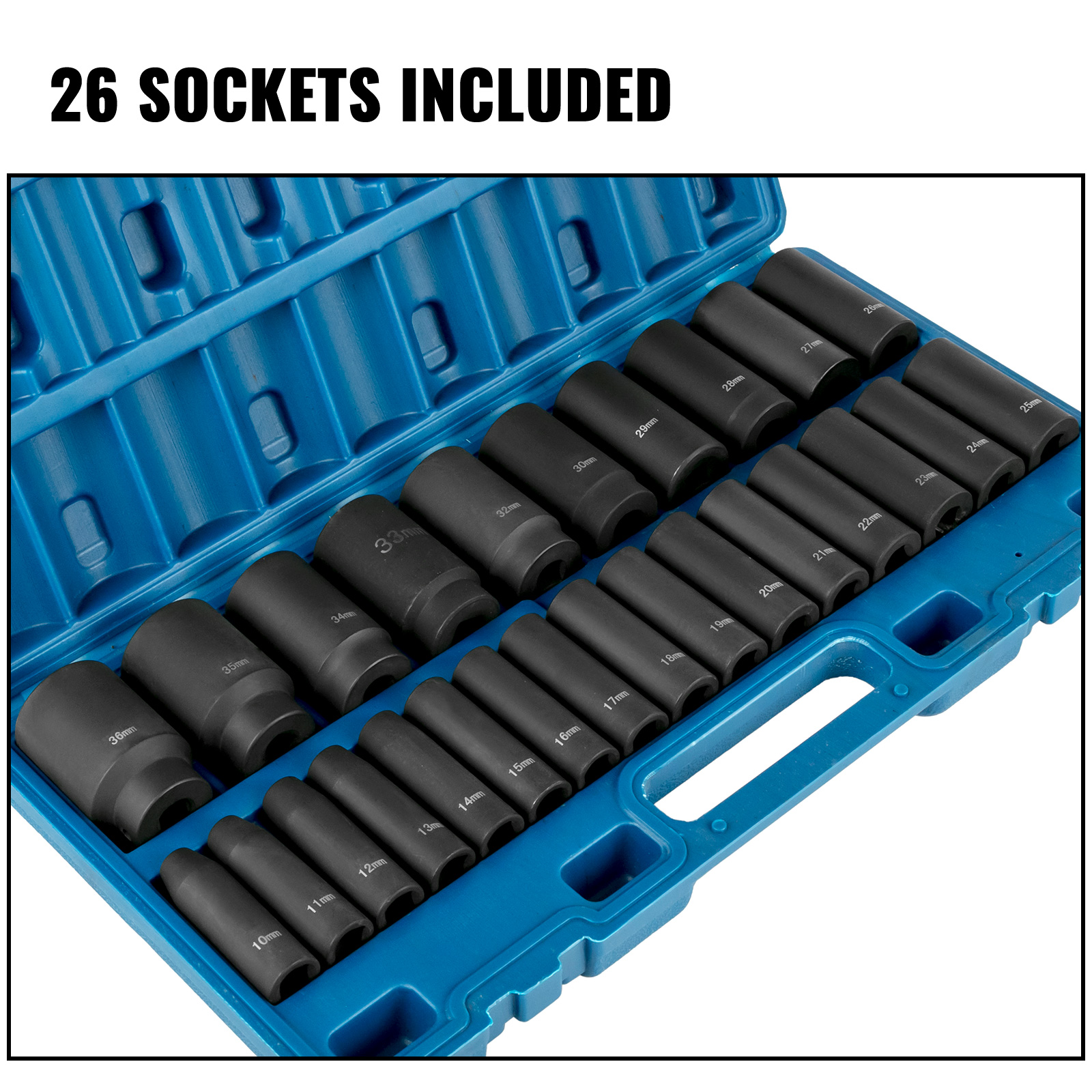 VEVOR Metric Impact Socket Set 1/2 Inch Drive 26 PCS 10mm to 36mm 6-Point Set 