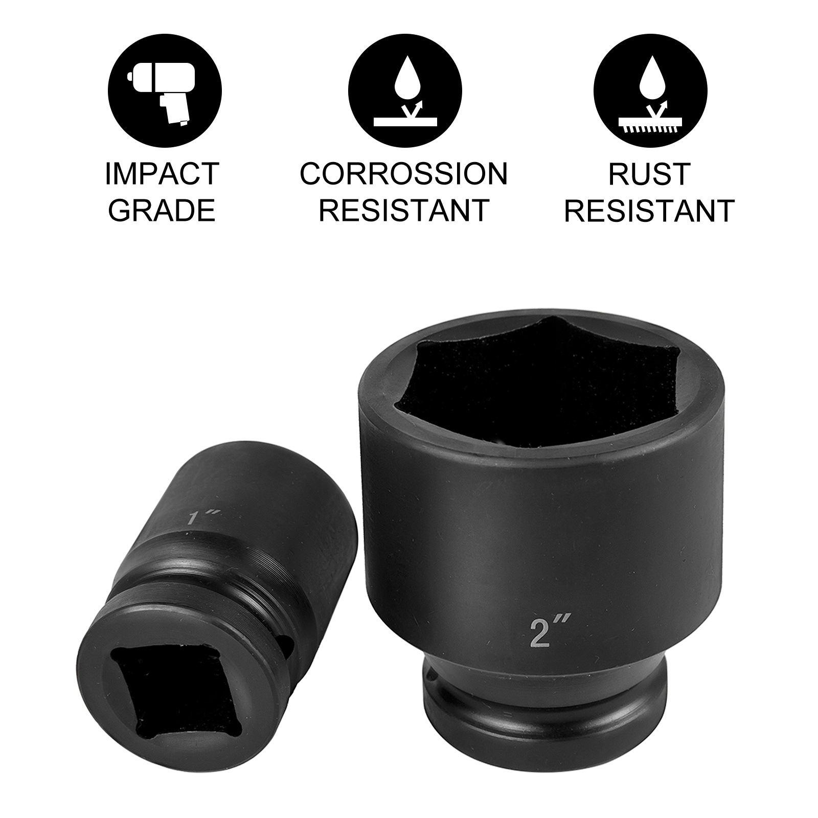 VEVOR impact socket set with corrosion and rust-resistant features displayed.