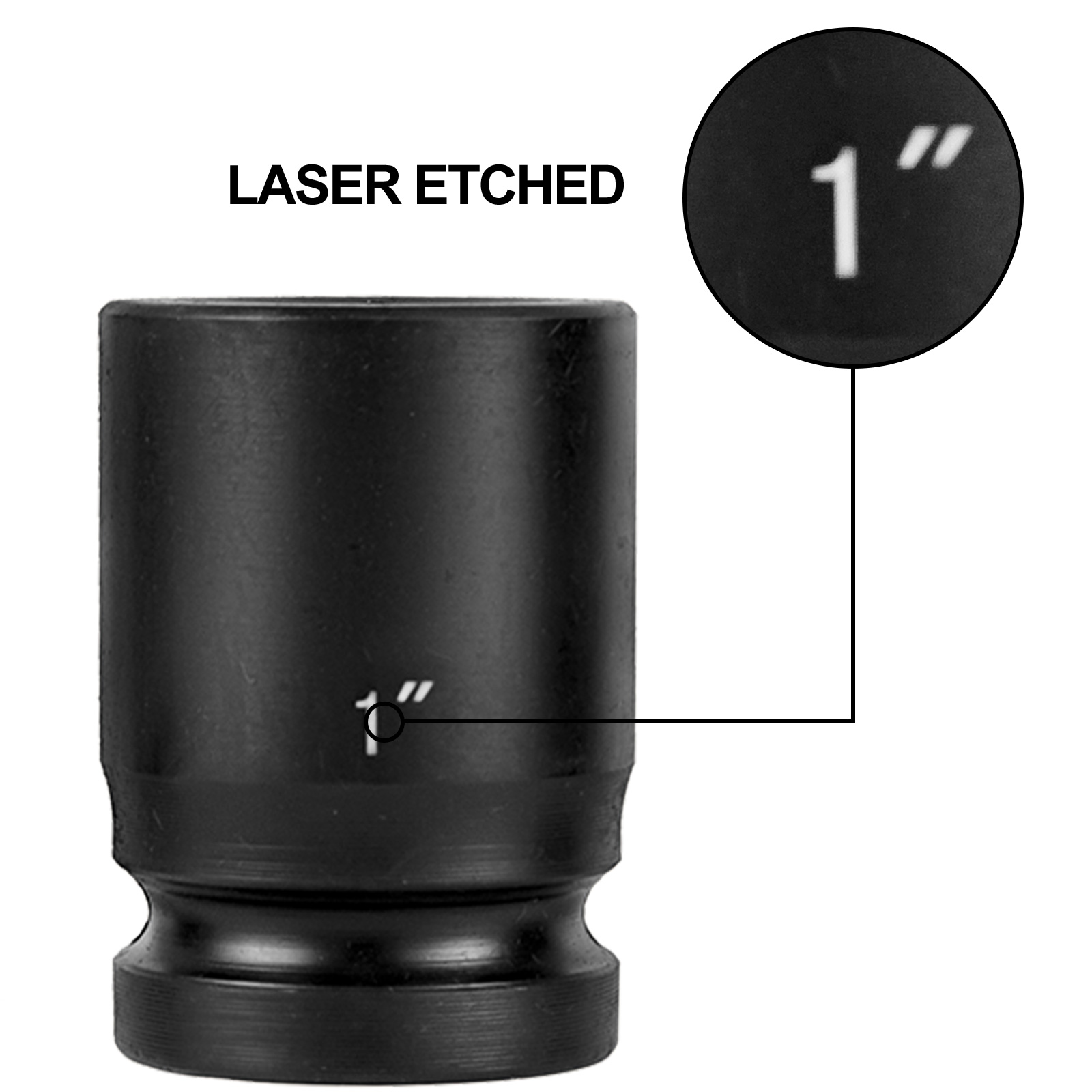 black socket from VEVOR impact socket set, laser-etched with "1''" size marking.