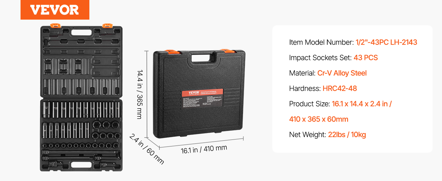 Impact Sockets, 1/2 Inches, 43 Piece