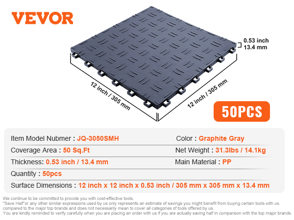 VEVOR 25-Pack Garage Floor Tiles – 12x12 Interlocking, Silver, 25 Sq Ft Coverage, Heavy-Duty PP