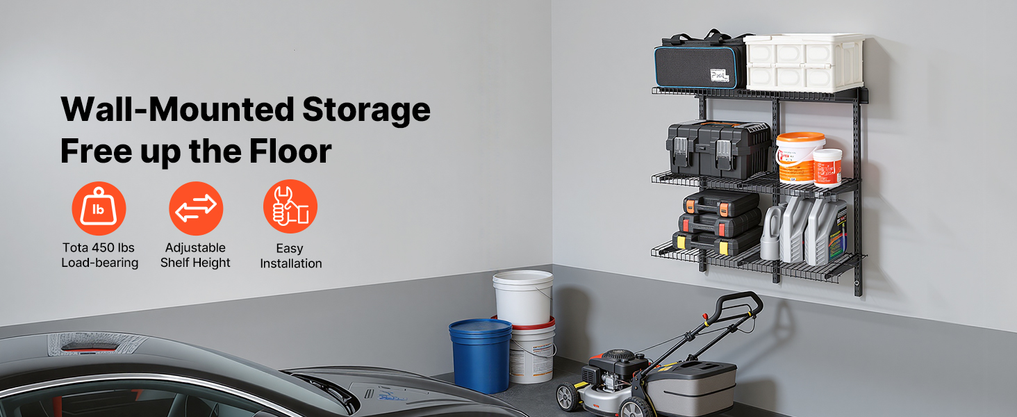 Three-tier steel shelves with storage