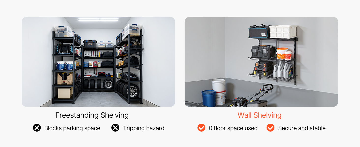 Wall-mounted shelves freeing up garage floor