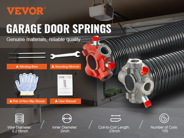 VEVOR Garage Door Torsion Springs, Pair of 0.218 x 2 x 23inch, 16000 Cycles, Garage Door Springs with Non-Slip Winding Bars, Gloves and Mounting Wrench, Electrophoresis Coated for Replacement