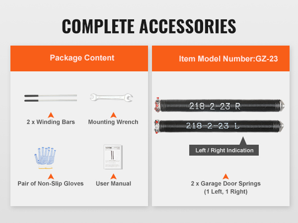 VEVOR Garage Door Torsion Springs, Pair of 0.218 x 2 x 23inch, 16000 Cycles, Garage Door Springs with Non-Slip Winding Bars, Gloves and Mounting Wrench, Electrophoresis Coated for Replacement