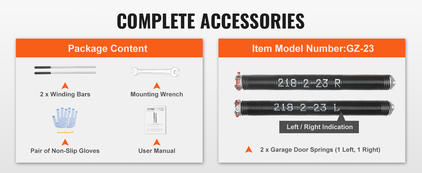 VEVOR Garage Door Torsion Springs, Pair of 0.218 x 2 x 23inch, 16000 Cycles, Garage Door Springs with Non-Slip Winding Bars, Gloves and Mounting Wrench, Electrophoresis Coated for Replacement