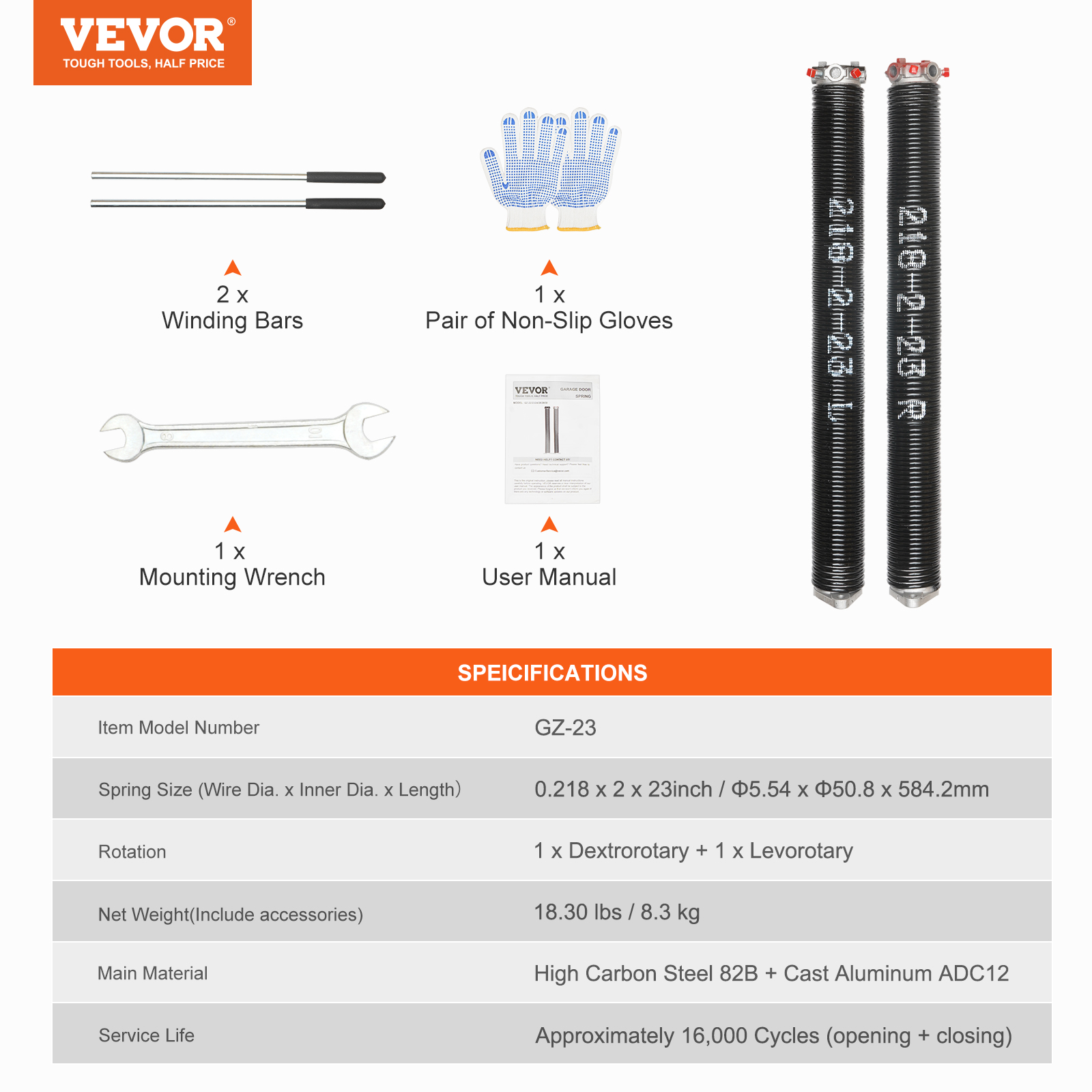 VEVOR Garage Door Torsion Springs Pair 22/23/24/28/29/30 inch with Winding Bars