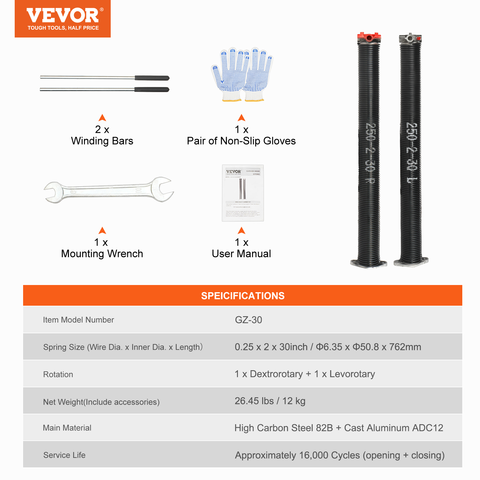 VEVOR Garage Door Torsion Springs Pair 22/23/24/28/29/30 inch with Winding Bars