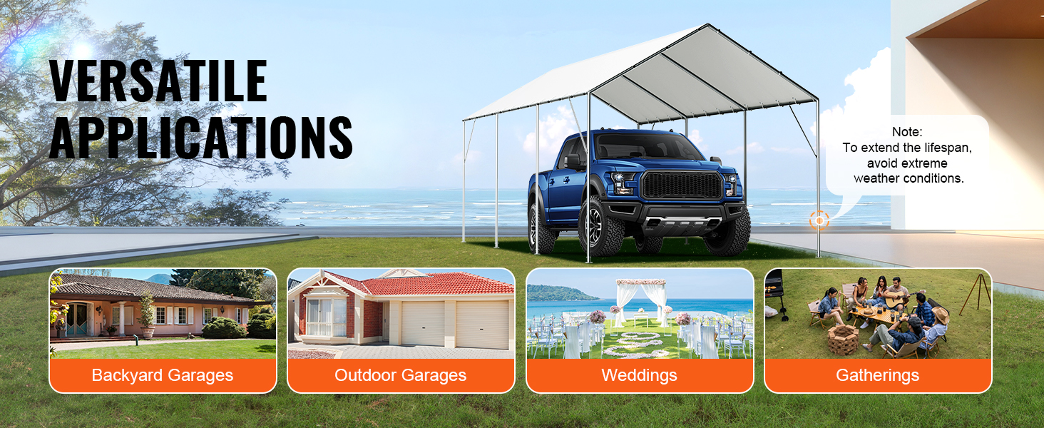 VEVOR carport canopy cover for backyard garages, outdoor garages, weddings, and gatherings by the beach.