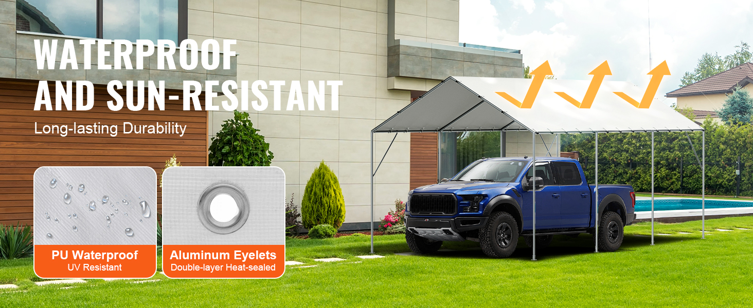 VEVOR carport canopy cover over blue truck in modern backyard, showcasing waterproof and sun-resistant features.