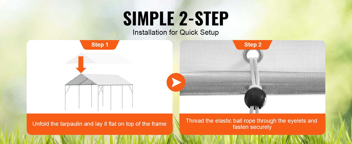 VEVOR carport canopy cover: easy 2-step setup with tarpaulin and elastic ball rope threading.