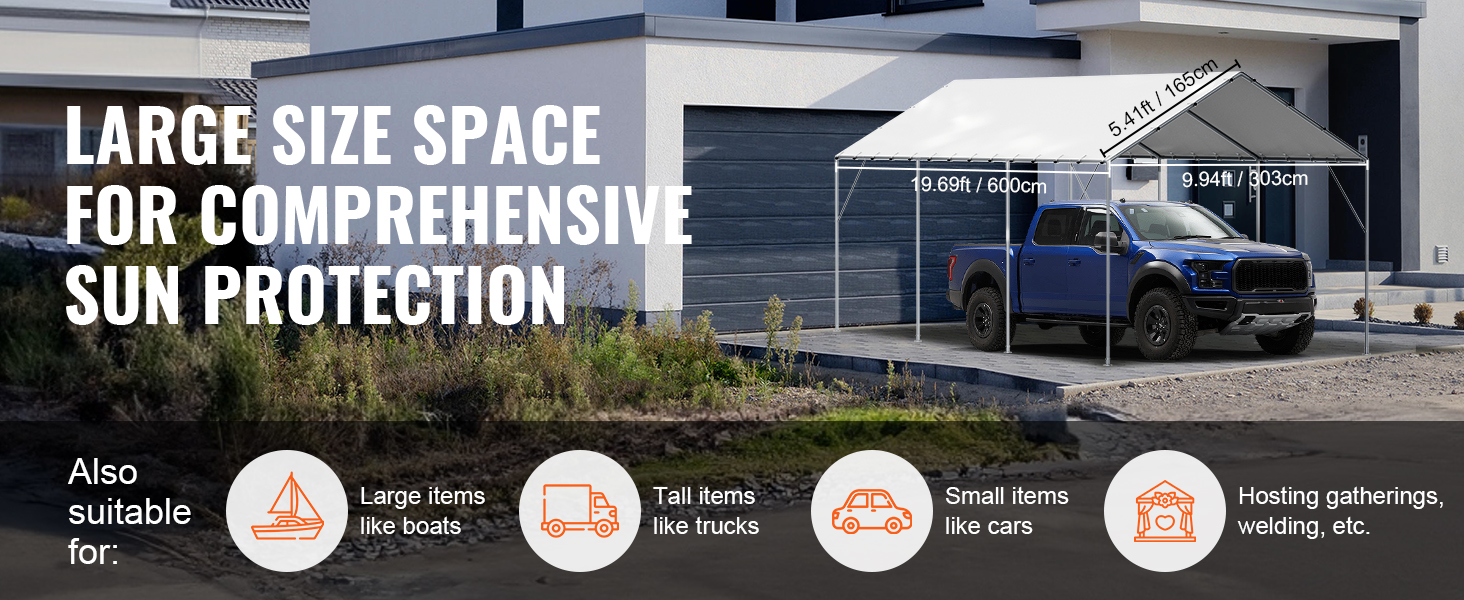 VEVOR carport canopy cover offers large size space for sun protection, suitable for cars, trucks, and gatherings.