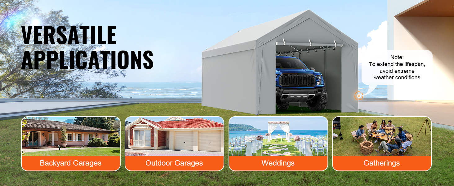 VEVOR carport canopy cover for versatile applications including garages, weddings, and gatherings.