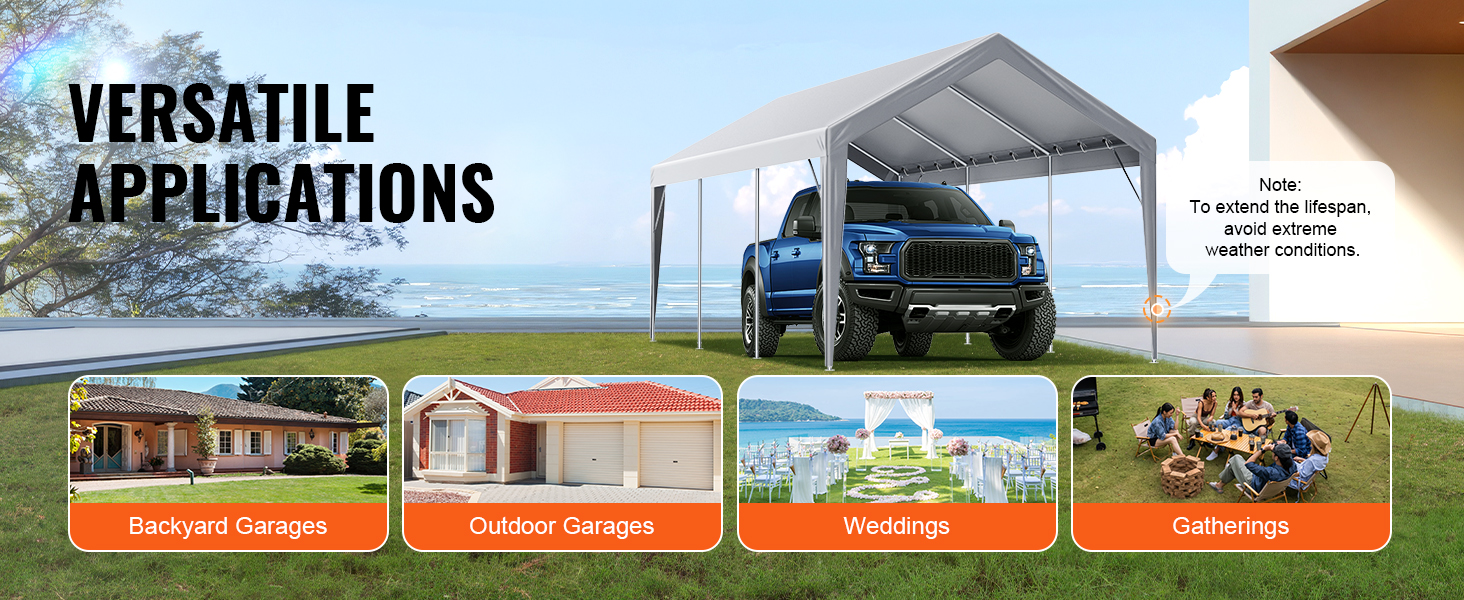 VEVOR carport canopy cover for backyard garages, outdoor garages, weddings, and gatherings by the beach.