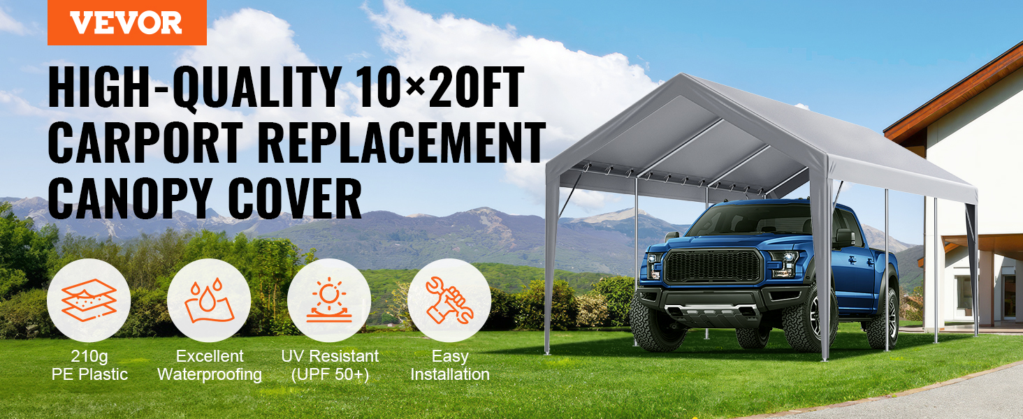 VEVOR carport canopy cover fits 10x20ft frame, offers uv resistance, waterproofing, and easy installation.