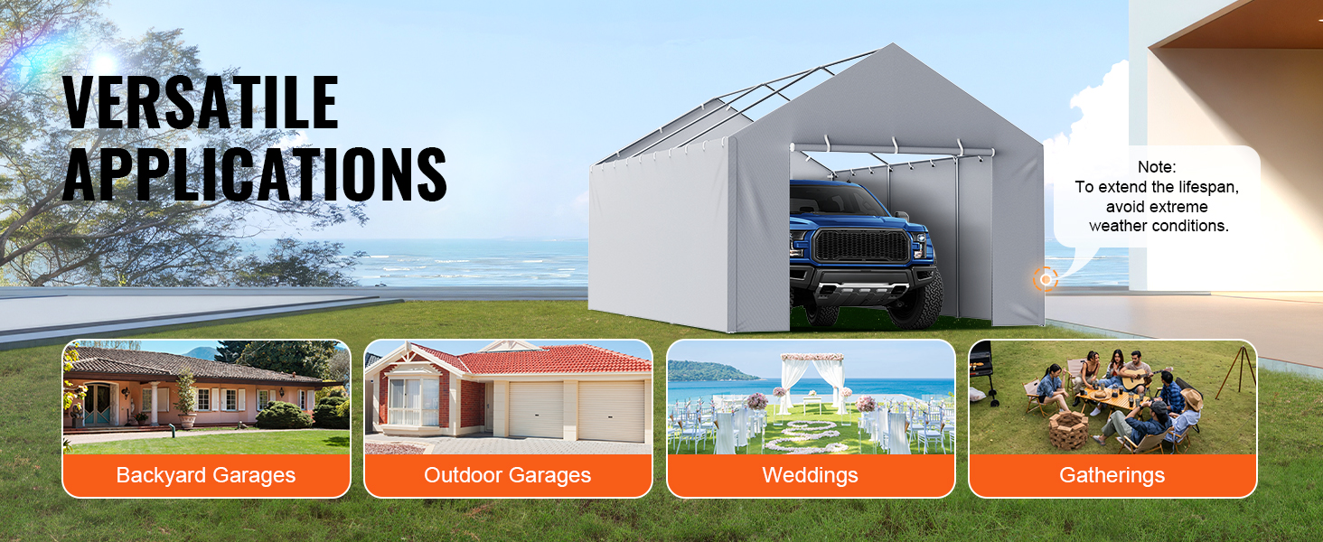 VEVOR carport canopy cover in a backyard by the sea, used for garages, weddings, and gatherings.