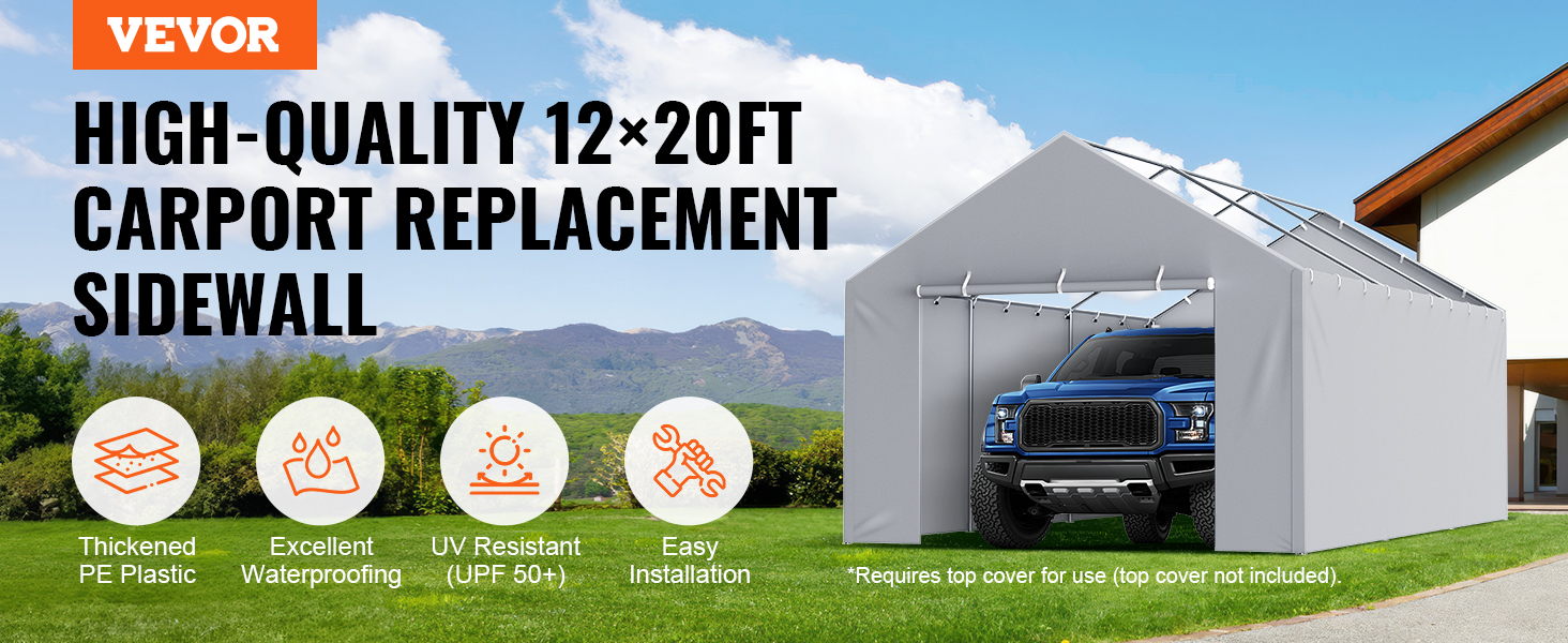 VEVOR carport canopy cover for high-quality 12x20ft carport replacement sidewall with easy installation.