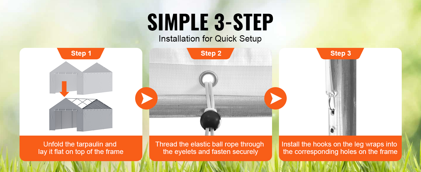 simple 3-step VEVOR carport canopy cover installation guide with visuals: unfold, thread, secure.