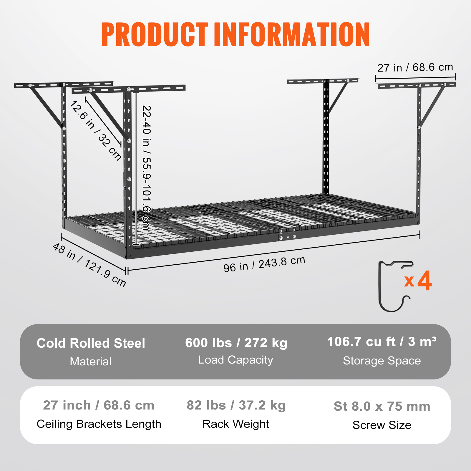 VEVOR Overhead Adjustable Heavy Duty Metal Garage Ceiling Storage Shelves New