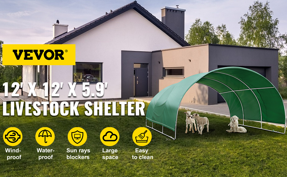 VEVOR Livestock Shelter, 12'x 12'x 5.9' Corral Shelter, Steel Metal Corral Panel Shelter, Waterproof Corral Panels for Horses and Other Livestock, Animal Shelter with PVC Cover and Galvanized Pipe 