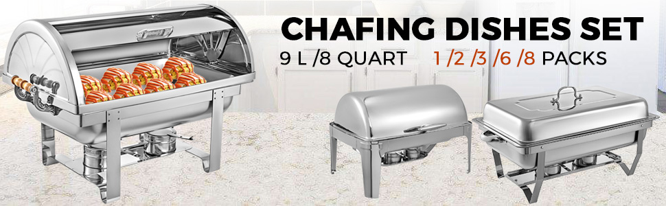 6 PACK CATERING STAINLESS STEEL CHAFER CHAFING DISH SETS 8 QT FULL Size Buffet 