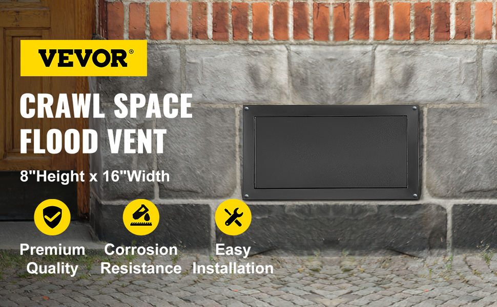 VEVOR Flood Vent, 8" Height x 16" Width Foundation Flood Vent, to Reduce Foundation Damage and Flood Risk, Black, Wall Mounted Flood Vent, for Crawl Spaces,Garages & Full Height Enclosures