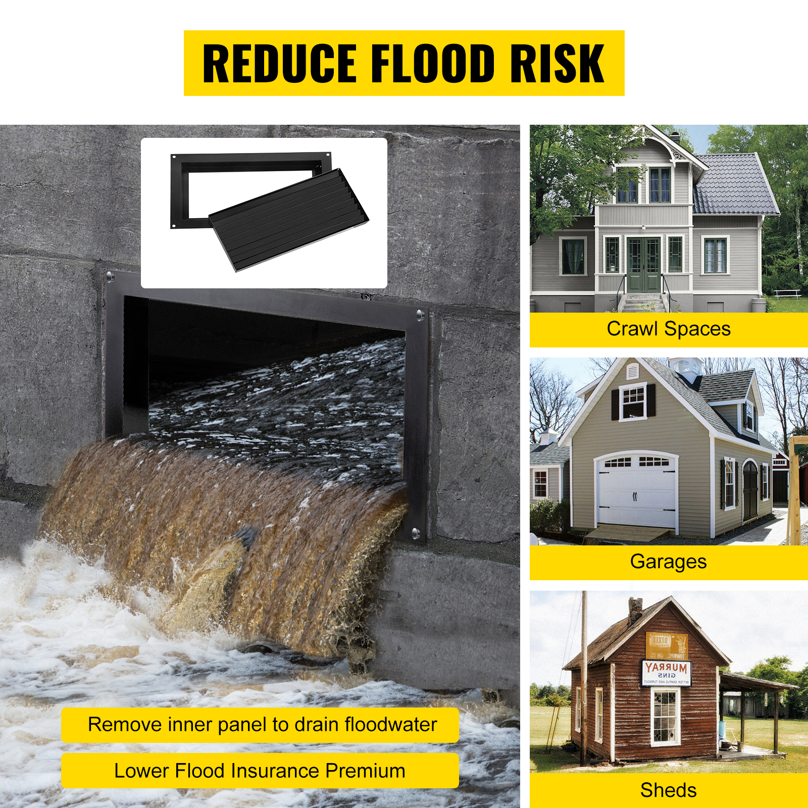 VEVOR Flood Vent, 8" Height x 16" Width Foundation Flood Vent, to Reduce Foundation Damage and Flood Risk, Black, Wall Mounted Flood Vent, for Crawl Spaces,Garages & Full Height Enclosures