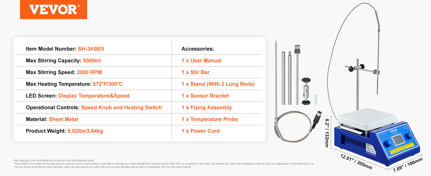 VEVOR Magnetic Stirrer Hot Plate, Max 572°F/300°C, 0-2000 RPM Hot Plate ...