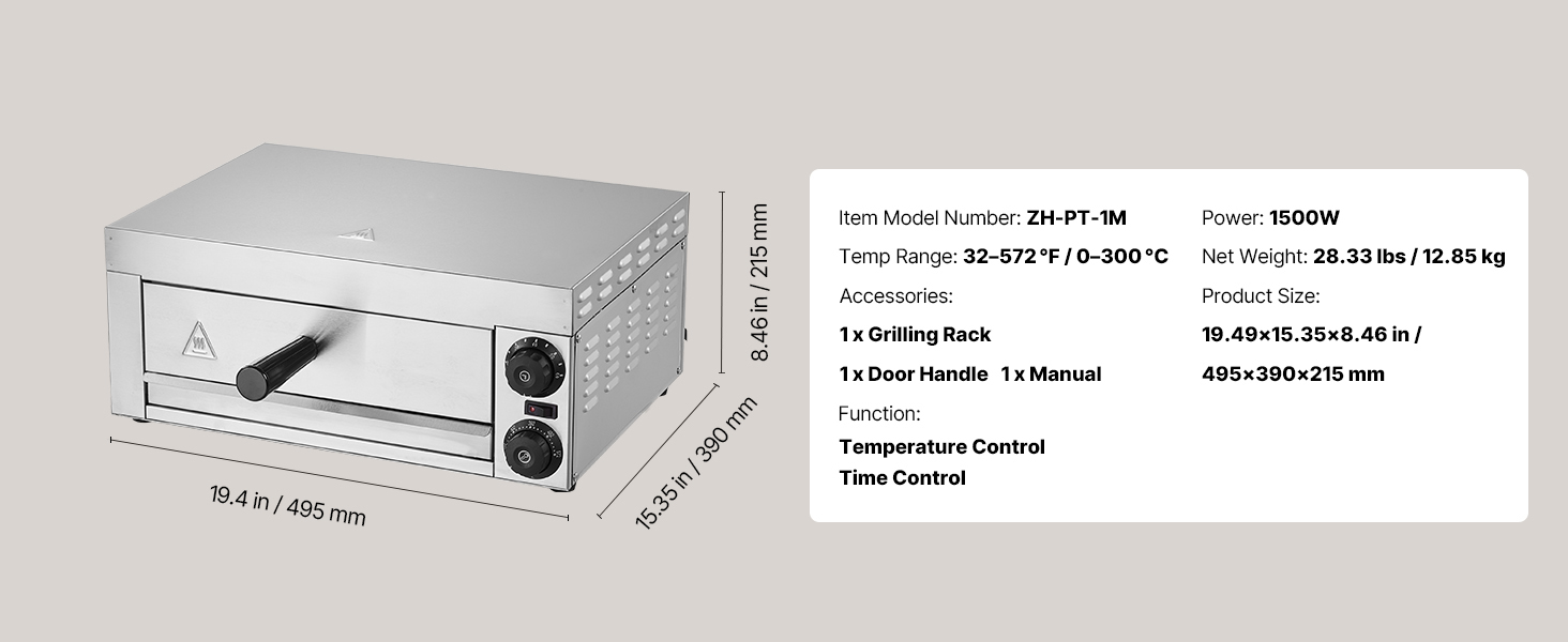 Profi Gastro Pizzaofen 305 mm Edelstahl Elektrisch Timer + Thermo-Control Electric Pizza Oven A100 1.11w