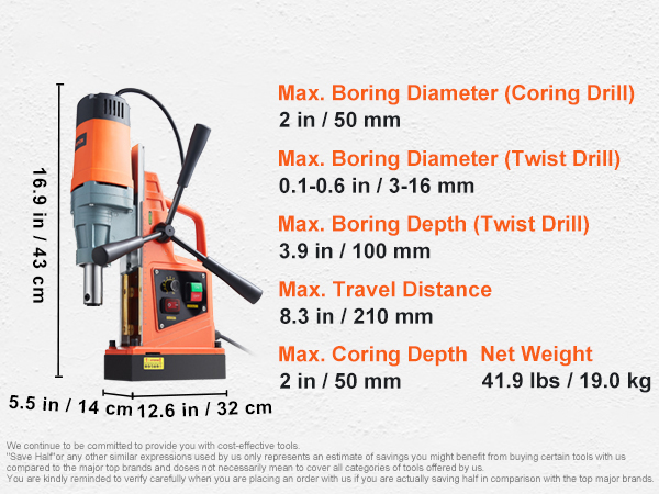 VEVOR Magnetic Drill, 1550W 2 Boring Diameter, 2922lbf/13000N 500 RPM  Portable Electric Mag Drill Press with Variable Speed, Drilling Machine for  any Surface Home Improvement Industry Railway