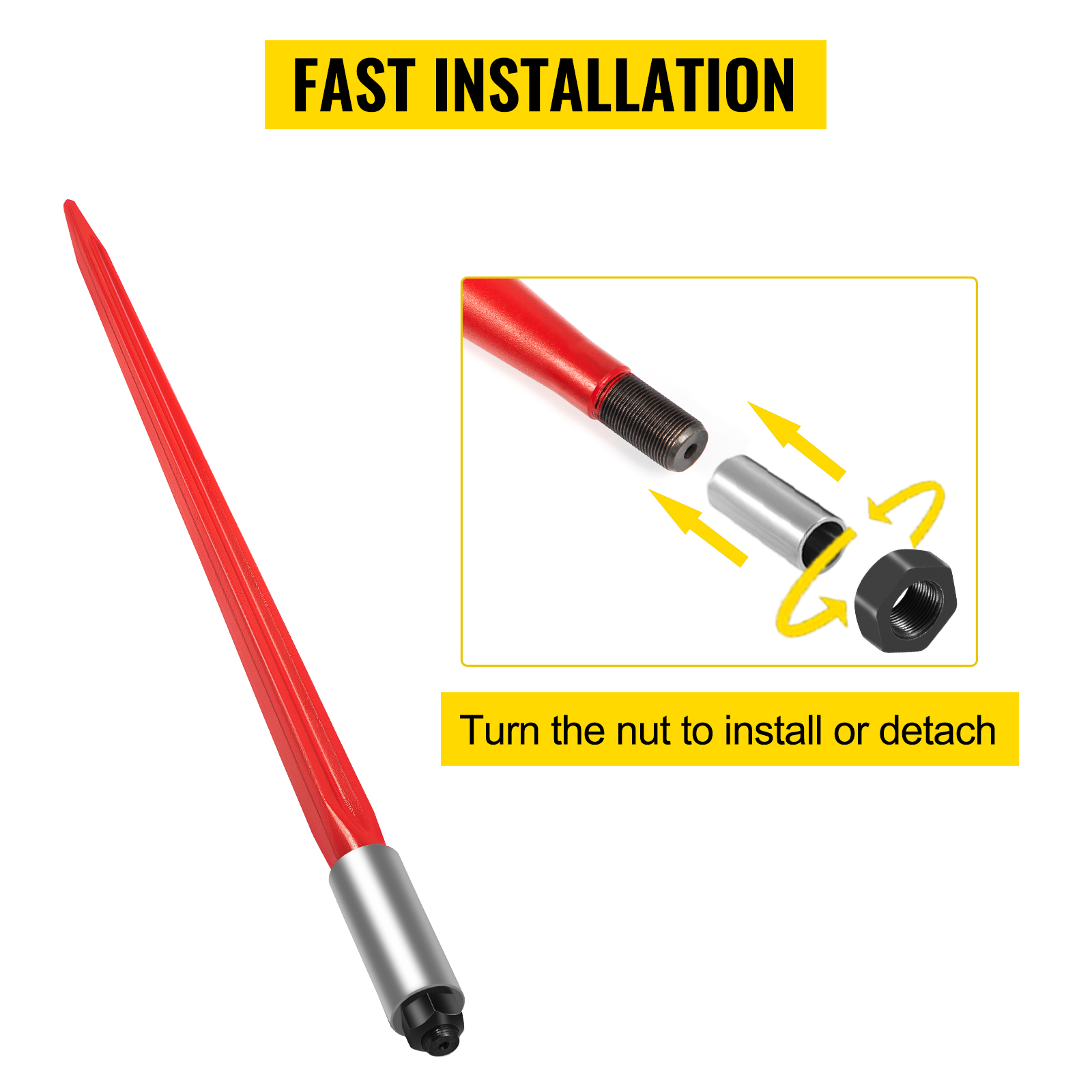 VEVOR Hay Spear 32" Bale Spear 1350 lbs Capacity, Bale Spike Quick Attach Square Hay Bale Spears 1.4" Wide, Red Coated Bale Forks, Bale Hay Spike with Hex Nut & Sleeve for Buckets Tractors Loaders