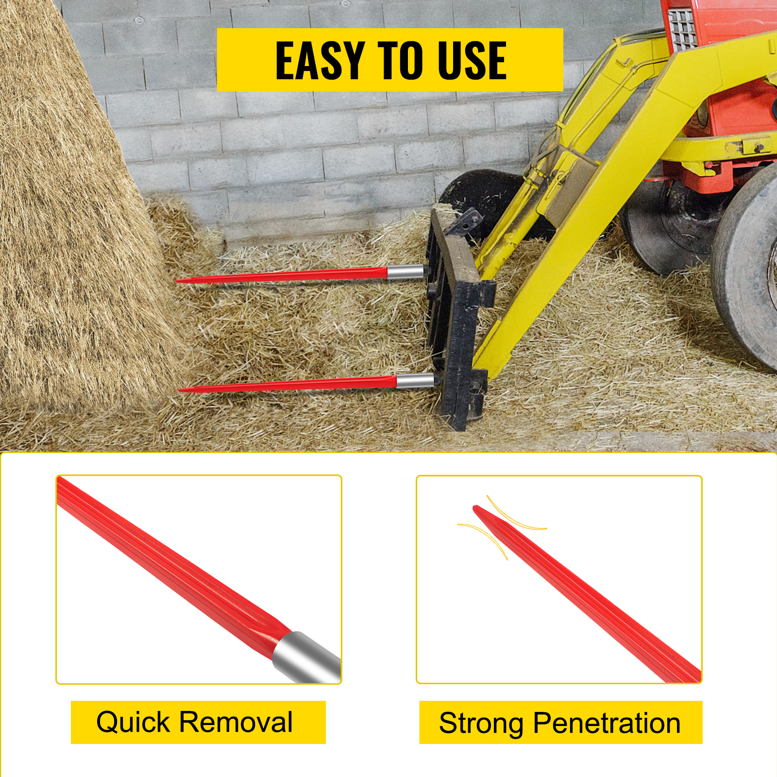 VEVOR Hay Spear 32" Bale Spear 1350 lbs Capacity, Bale Spike Quick Attach Square Hay Bale Spears 1.4" Wide, Red Coated Bale Forks, Bale Hay Spike with Hex Nut & Sleeve for Buckets Tractors Loaders