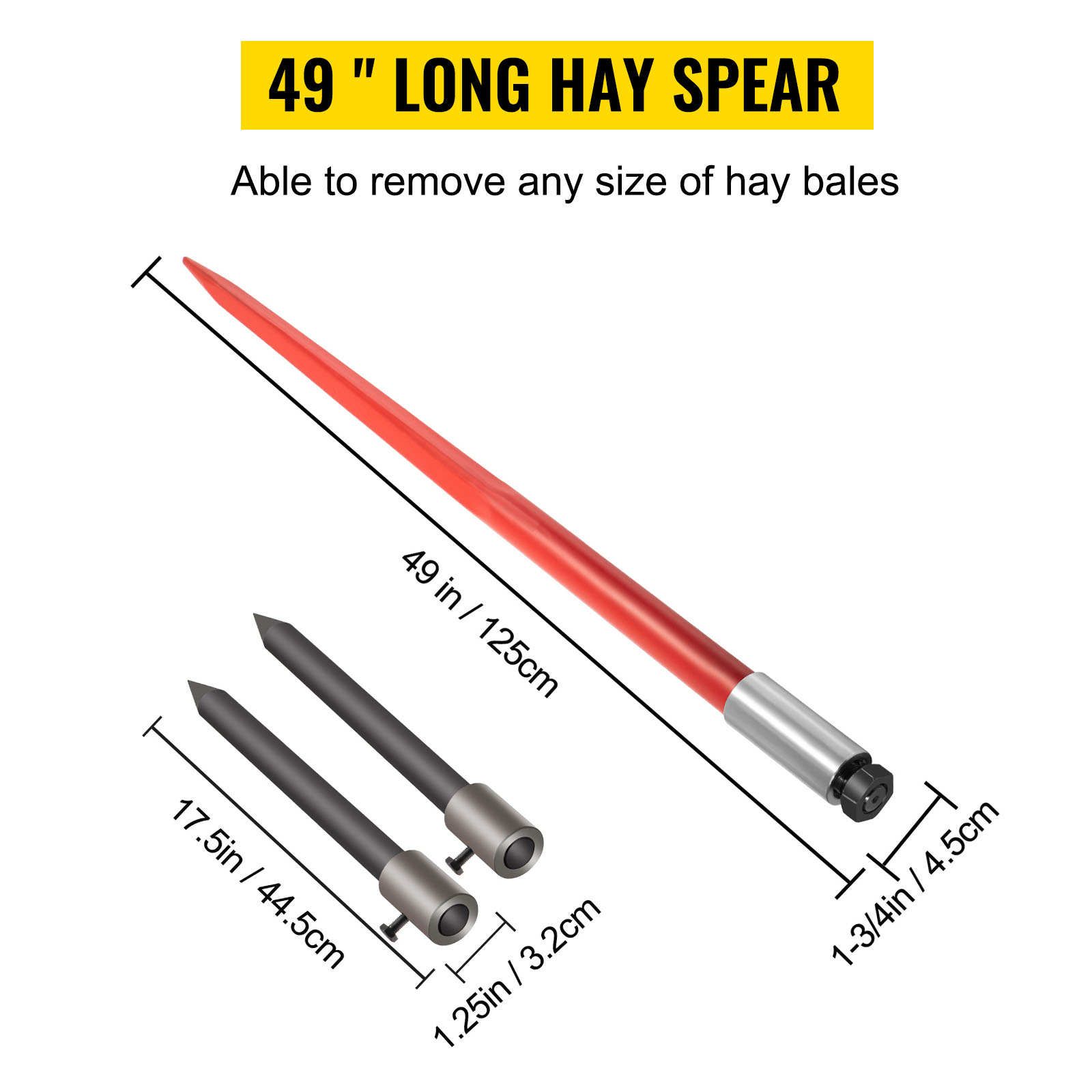 VEVOR Hay Spear 49 Bale Spear 3000 lbs Capacity, Bale Spike Quick Attach  Square Hay Bale Spears 1 3/4 Wide, Red Coated Bale Forks, Bale Hay Spike  with Hex Nut & Sleeve