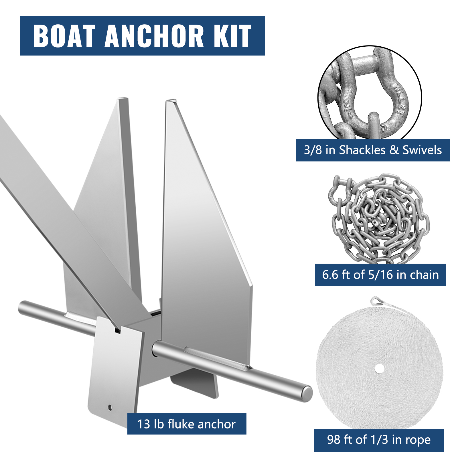 VEVOR Boat Anchor Kit 13 lb Fluke Style Anchor, Hot Dipped Galvanized Steel  Fluke Anchor, Marine Anchor with Anchor, Rope, Shackles, Chain for Boat  Mooring on the Beach, Boats from 13'-19