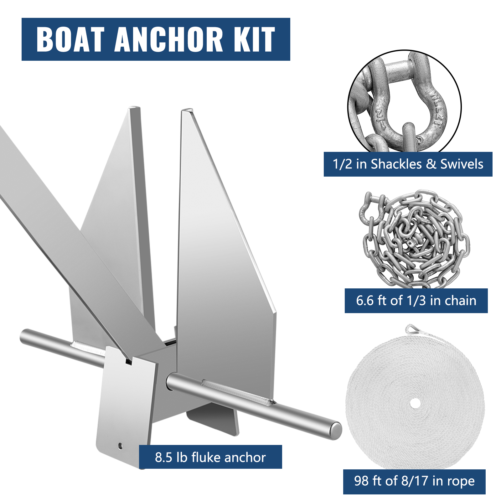 VEVOR Boat Anchor Kit 8.5 lb Fluke Style Anchor, Hot Dipped Galvanized Steel Fluke Anchor, Marine Anchor with Anchor, Rope, Sh